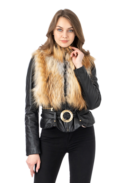 Женская кожаная куртка из натуральной кожи с воротником, отделка лиса 0902507