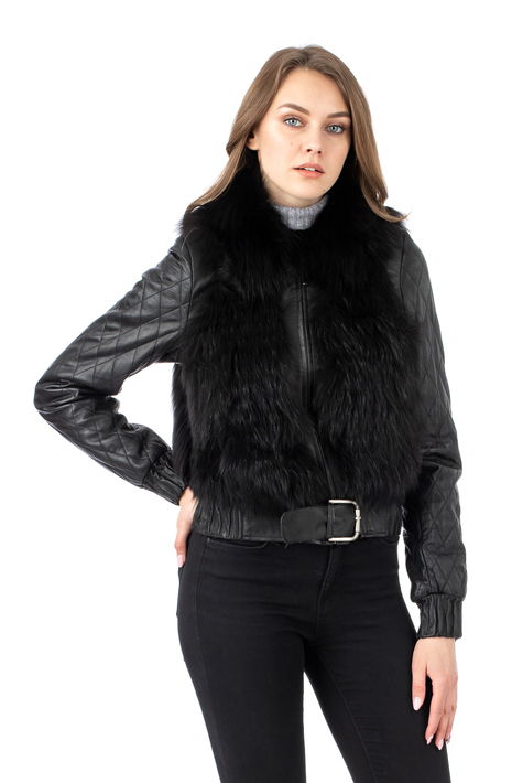 Женская кожаная куртка из натуральной кожи с воротником, отделка енот 0902518