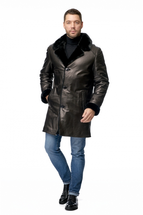 Мужская кожаная куртка из натуральной кожи с воротником, отделка норка 8009536