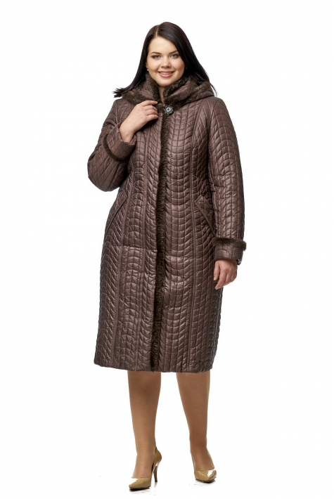 Женское пальто из текстиля с капюшоном, отделка норка 8010609