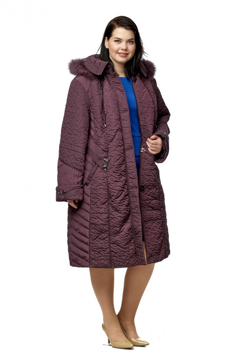 Женское пальто из текстиля с капюшоном, отделка песец 8010616