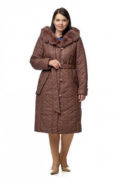 Женское пальто из текстиля с капюшоном, отделка кролик 8010636