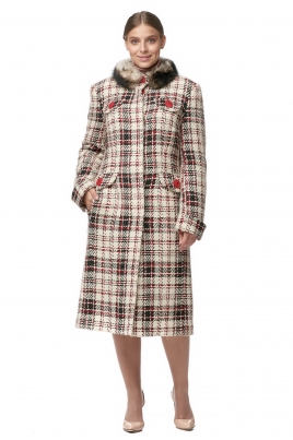 Демисезонное женское пальто из текстиля с воротником, отделка хорек