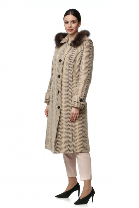 Женское пальто из текстиля с капюшоном, отделка песец 8016134
