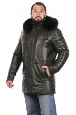 Мужская кожаная куртка из натуральной кожи на меху с капюшоном, отделка енот
