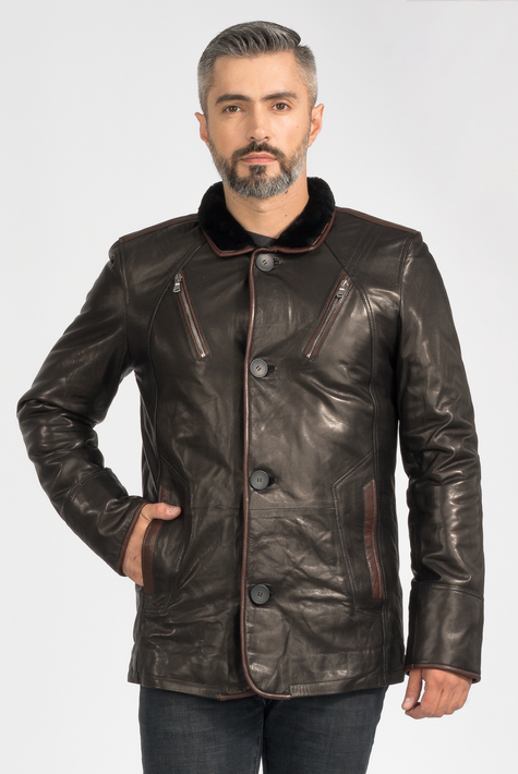 Мужская кожаная куртка из натуральной кожи на меху с воротником 3600160