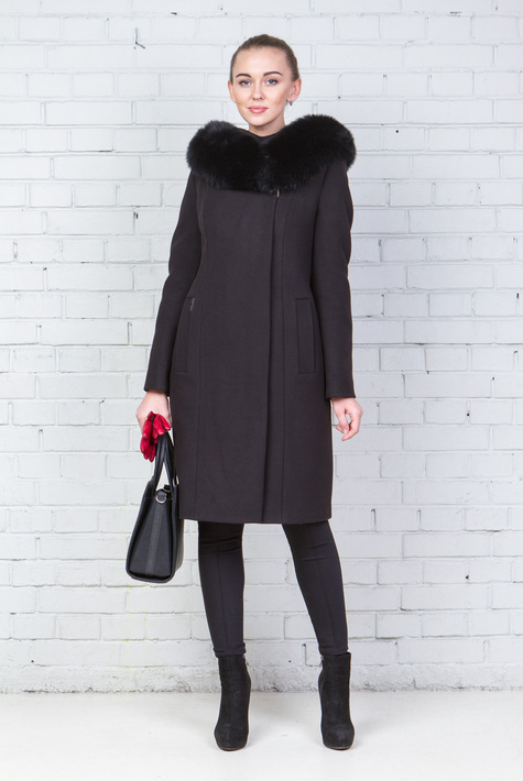Женское пальто из текстиля с капюшоном, отделка песец 3000569